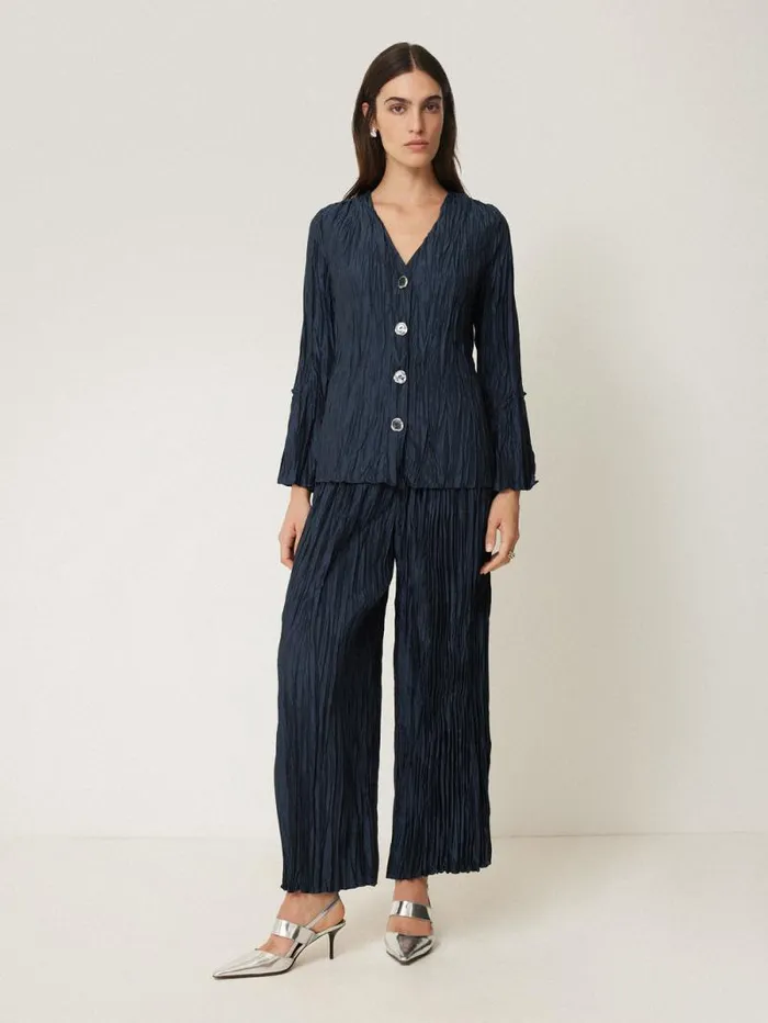 Plisse Button Up Top Navy Women Jigsaw Coords