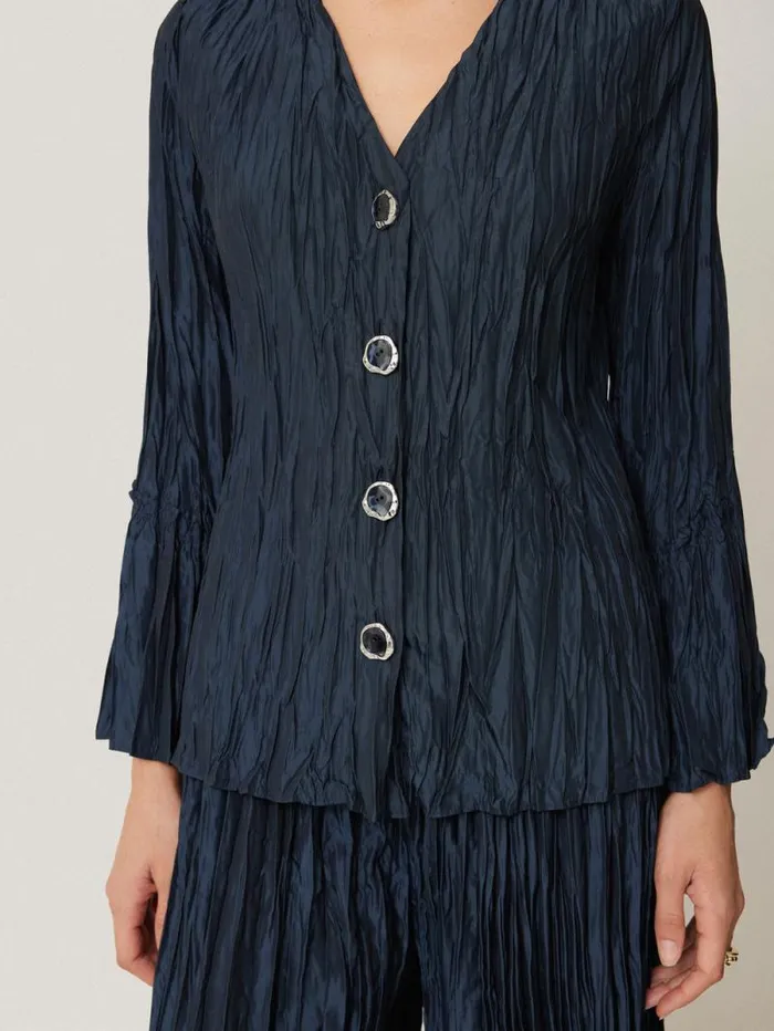 Plisse Button Up Top Navy Women Jigsaw Coords