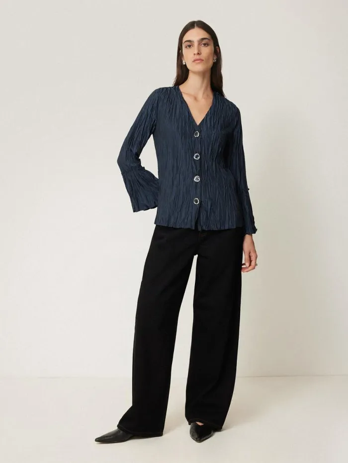 Plisse Button Up Top Navy Women Jigsaw Coords