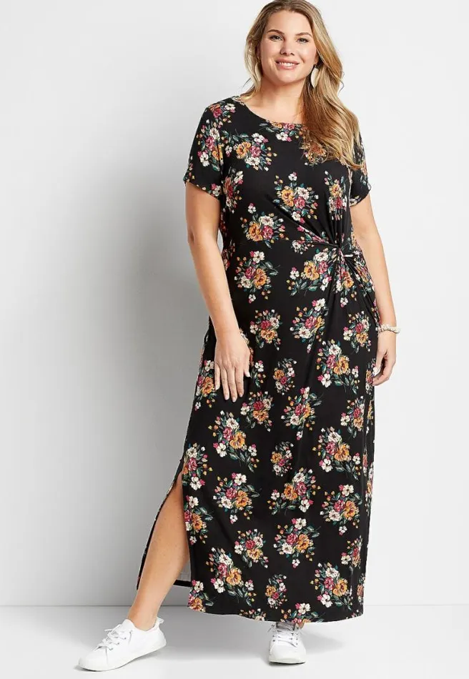 Plus Size 247 Black Floral Front Knot Maxi Dress Women Maurices Plus Dresses and Jumpsuits