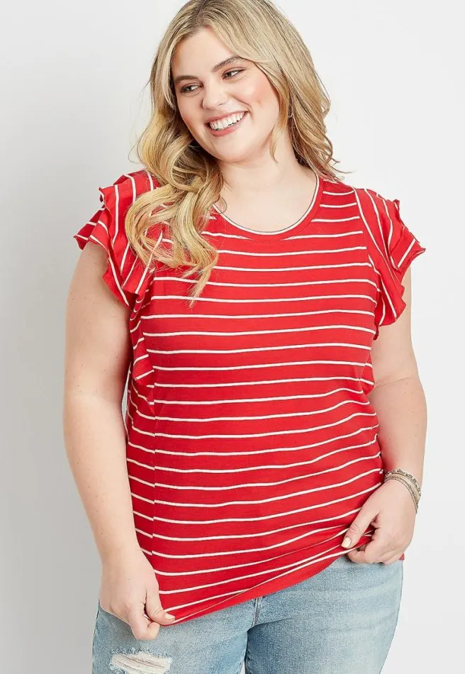 Plus Size 247 Red Stripe Ruffle Sleeve Tee Women Maurices Plus Tops