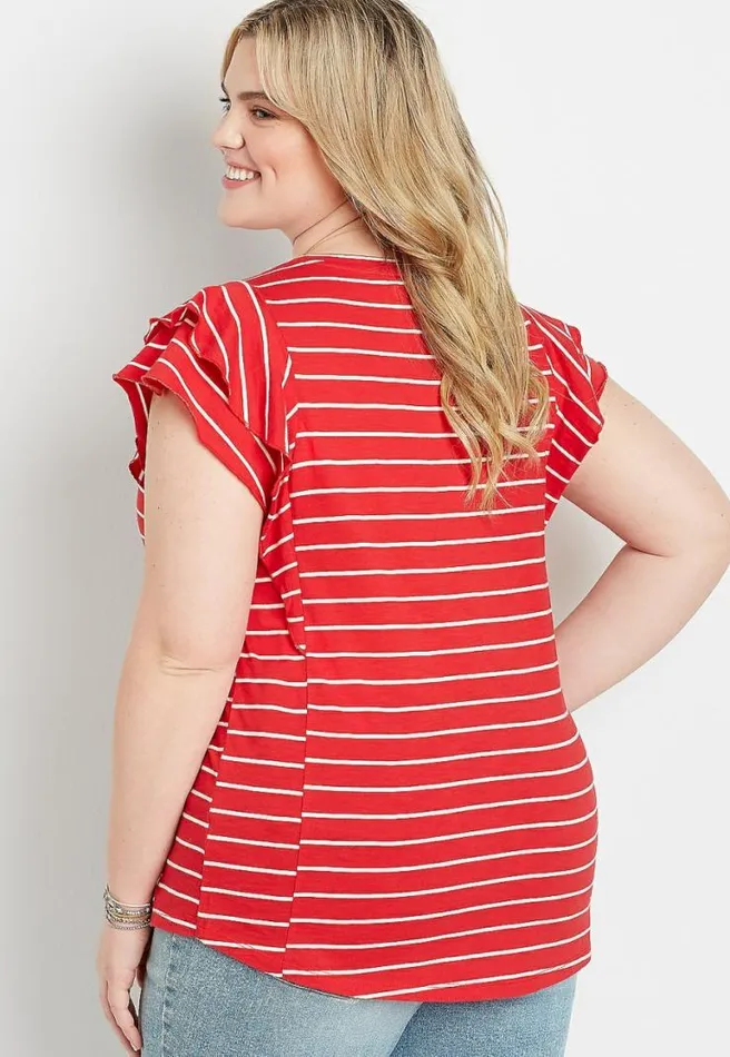 Plus Size 247 Red Stripe Ruffle Sleeve Tee Women Maurices Plus Tops