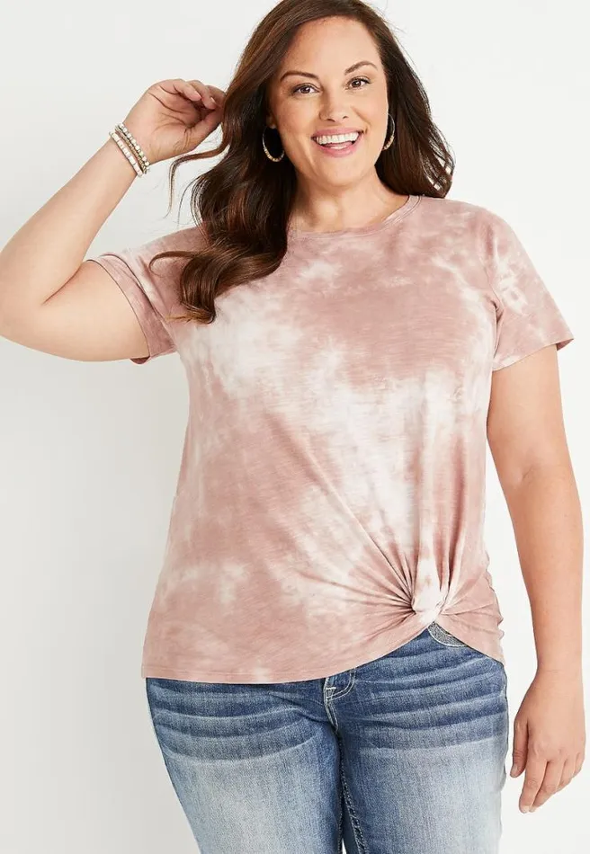 Plus Size 247 Tan Tie Dye Knot Front Baseball Tee Women Maurices Plus Tops