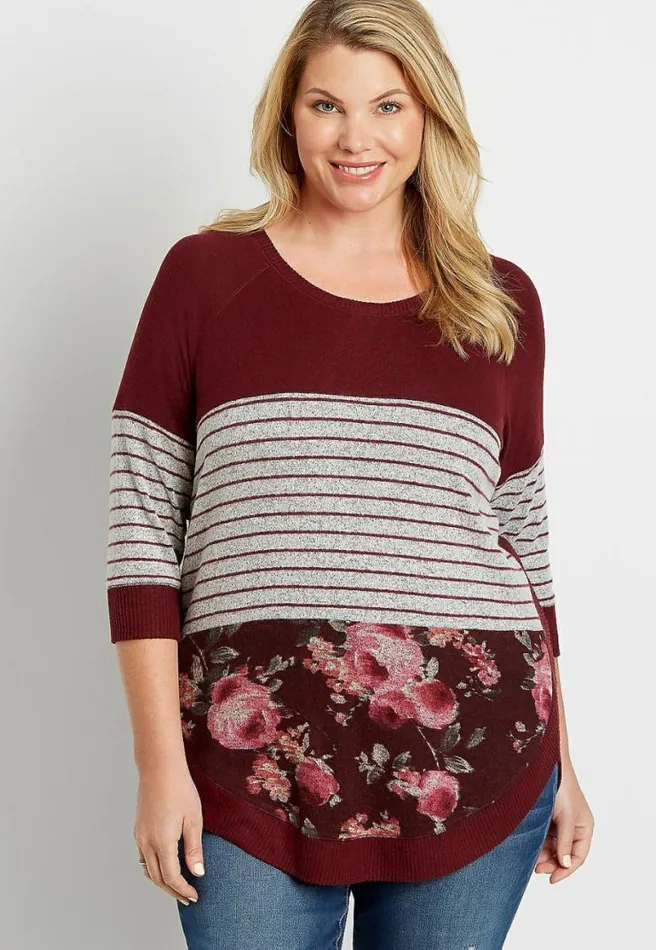 Plus Size Berry Stripe Floral Colorblock Round Hem Pullover Women Maurices Plus Tops