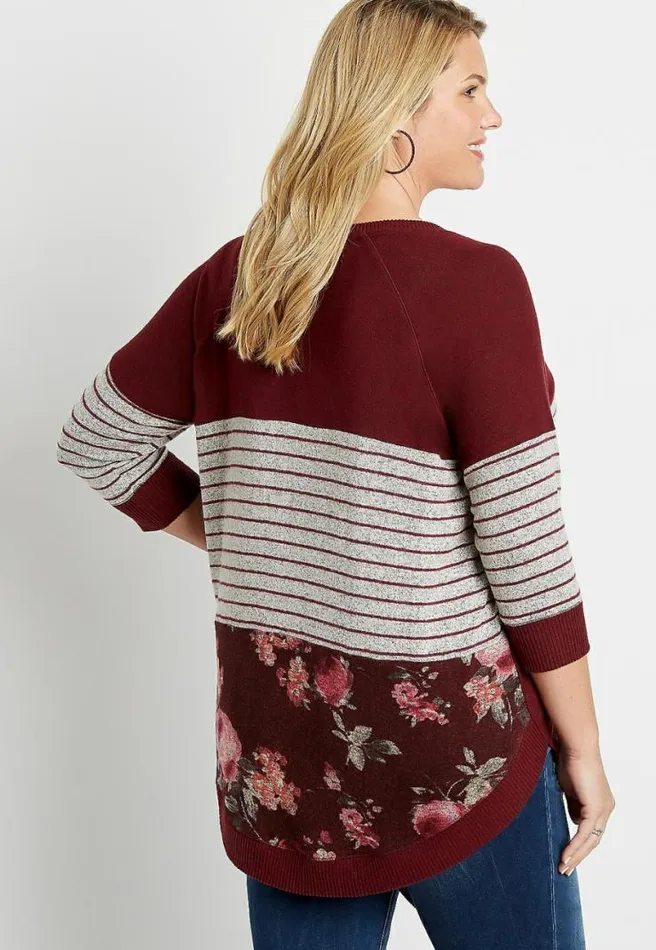 Plus Size Berry Stripe Floral Colorblock Round Hem Pullover Women Maurices Plus Tops