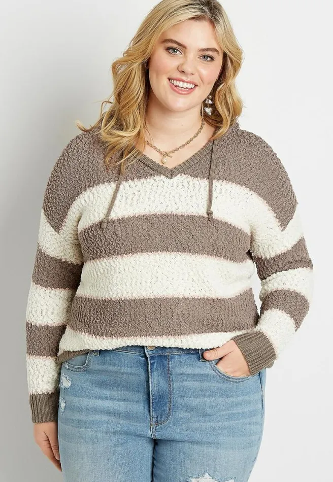Plus Size Brown Stripe Hooded Pullover Sweater Women Maurices Plus Tops