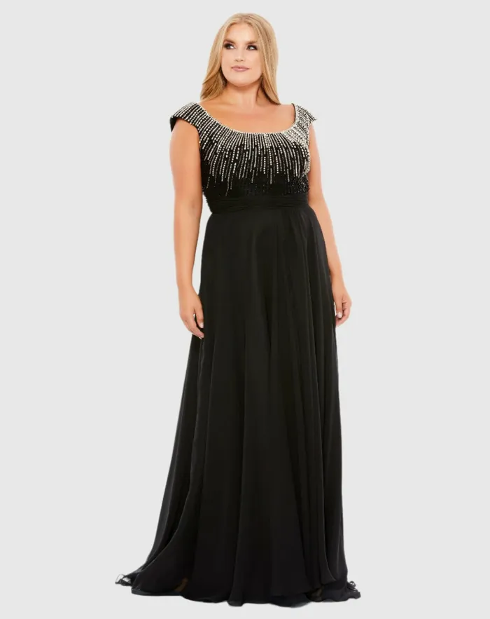 Plus Size Dresses Beaded Cap Sleeve A Line Gown Plus Black Mac Duggal Women