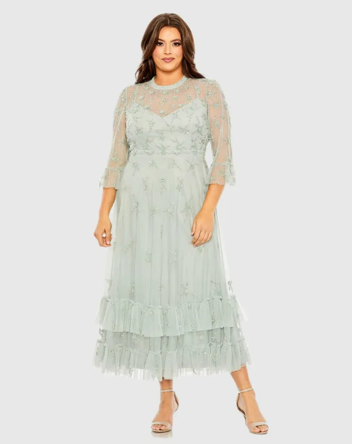 Plus Size Dresses Green High Neck Embellished Flutter Half Length Sleeve Dress Sage Mac Duggal Women Plus Size Dresses Green High Neck Embellished Flutter Half Length Sleeve Dress Sage Mac Duggal Women