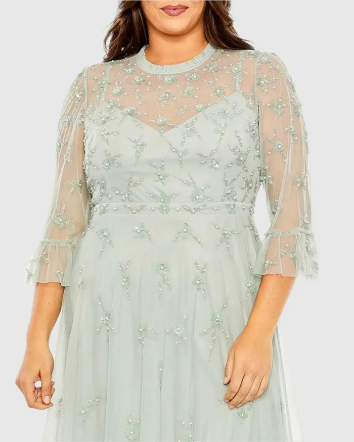 Plus Size Dresses Green High Neck Embellished Flutter Half Length Sleeve Dress Sage Mac Duggal Women
