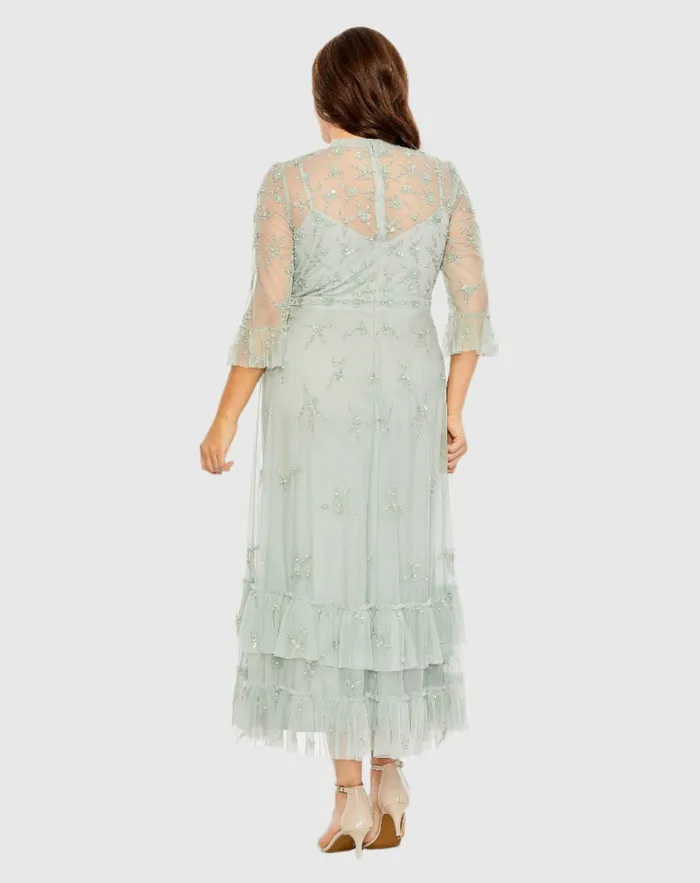 Plus Size Dresses Green High Neck Embellished Flutter Half Length Sleeve Dress Sage Mac Duggal Women