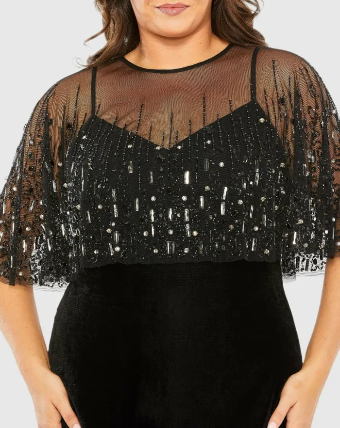 Plus Size Dresses Sleeveless Velvet Dress With Embellished Cape Black Mac Duggal Women