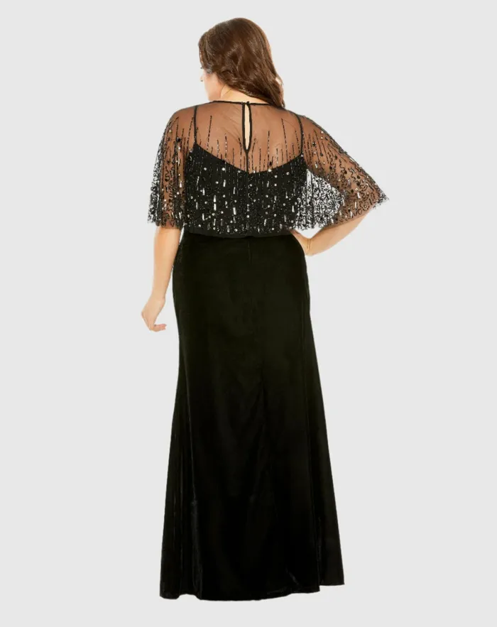 Plus Size Dresses Sleeveless Velvet Dress With Embellished Cape Black Mac Duggal Women