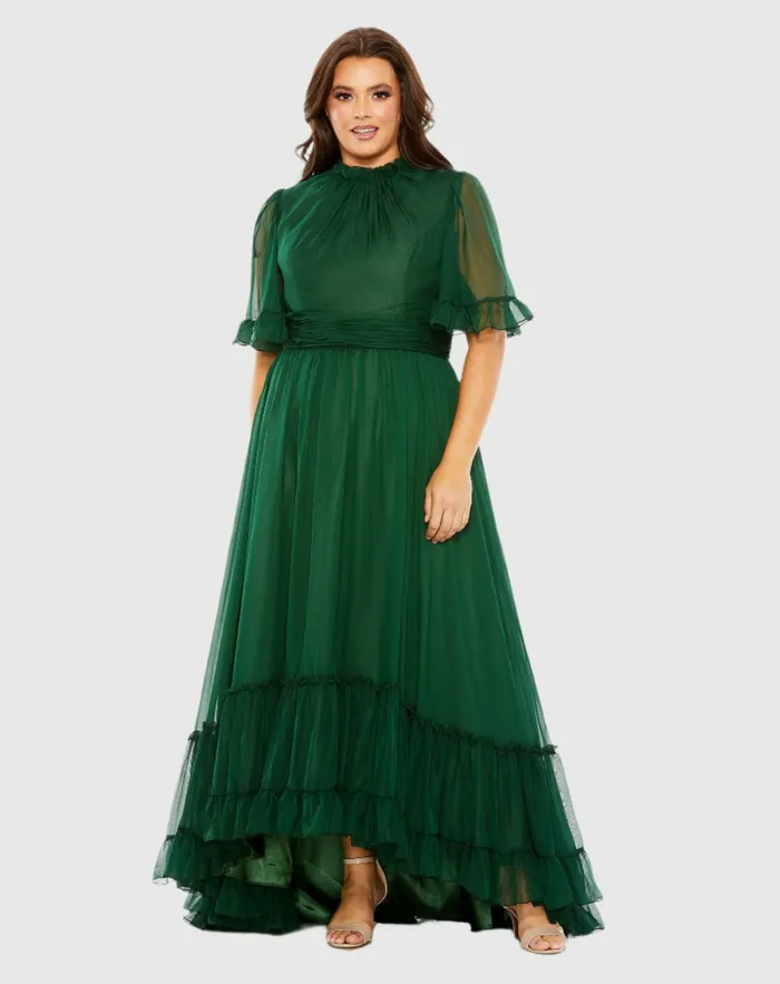Plus Size Dresses Women High Neck Flutter Sleeve Ruffle Tiered High Low Gown Black Mac Duggal Plus Size Dresses Women High Neck Flutter Sleeve Ruffle Tiered High Low Gown Black Mac Duggal
