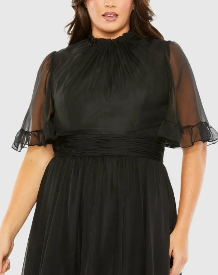 Plus Size Dresses Women High Neck Flutter Sleeve Ruffle Tiered High Low Gown Black Mac Duggal