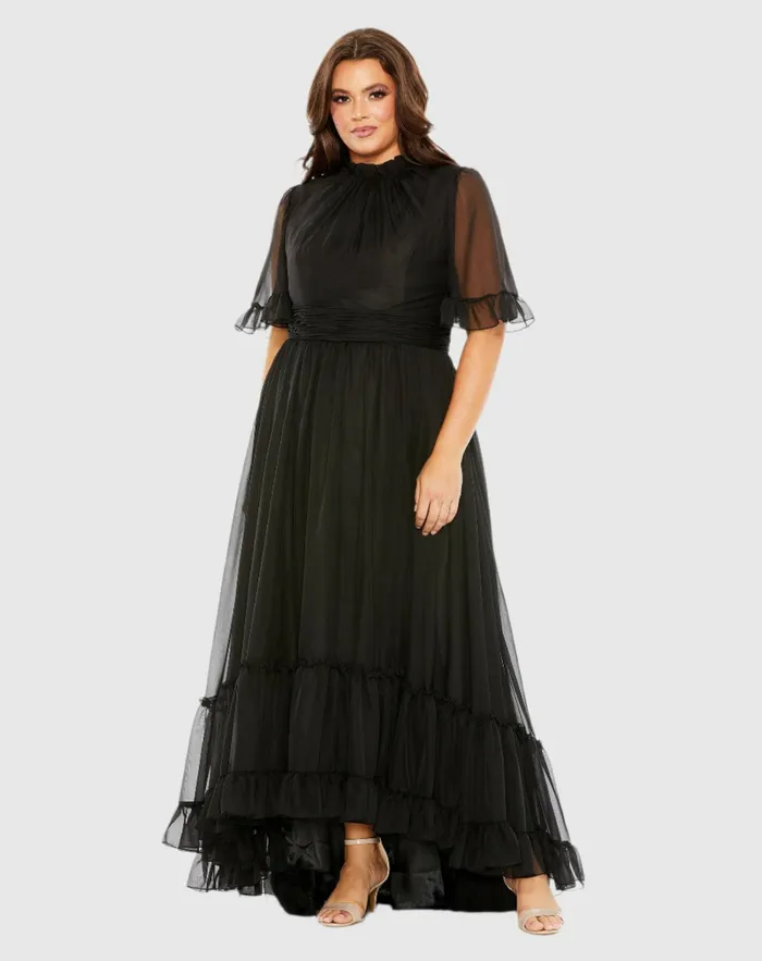 Plus Size Dresses Women High Neck Flutter Sleeve Ruffle Tiered High Low Gown Black Mac Duggal