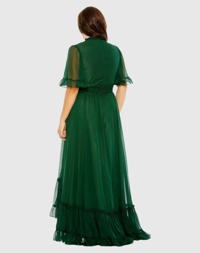 Plus Size Dresses Women High Neck Flutter Sleeve Ruffle Tiered High Low Gown Black Mac Duggal