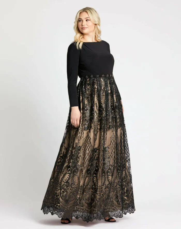 Plus Size Dresses Women Mac Duggal Long Sleeve High Neck Lace A Line Gown 8211 FINAL SALE Black Nude