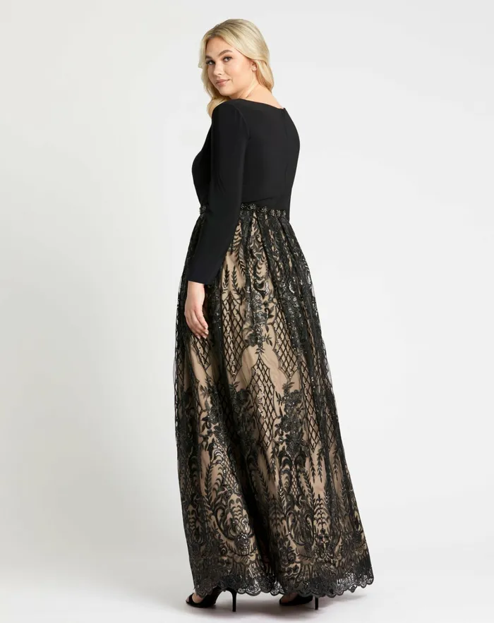 Plus Size Dresses Women Mac Duggal Long Sleeve High Neck Lace A Line Gown 8211 FINAL SALE Black Nude Plus Size Dresses Women Mac Duggal Long Sleeve High Neck Lace A Line Gown 8211 FINAL SALE Black Nude