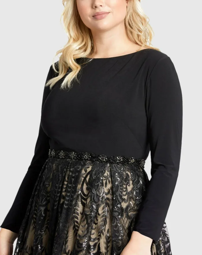 Plus Size Dresses Women Mac Duggal Long Sleeve High Neck Lace A Line Gown 8211 FINAL SALE Black Nude Plus Size Dresses Women Mac Duggal Long Sleeve High Neck Lace A Line Gown 8211 FINAL SALE Black Nude