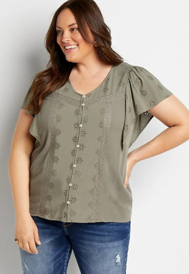 Plus Size Green Eyelet Lace Button Front Top Women Maurices Plus Tops