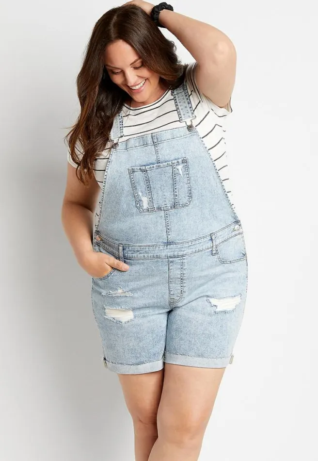 Plus Size Light Wash Ripped Cuffed 6In Short Overall Women Maurices Plus Bottoms