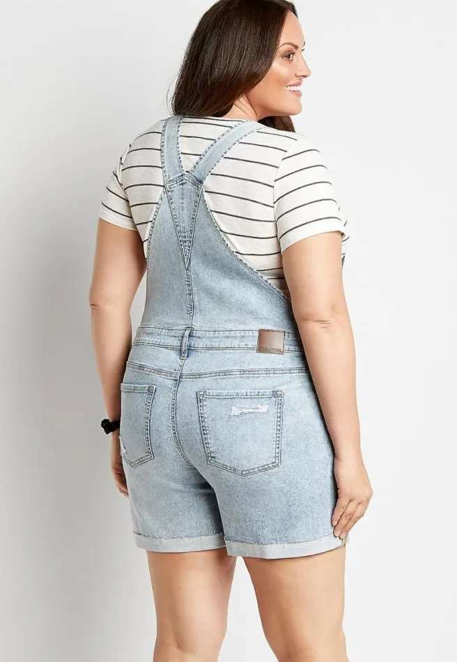 Plus Size Light Wash Ripped Cuffed 6In Short Overall Women Maurices Plus Bottoms