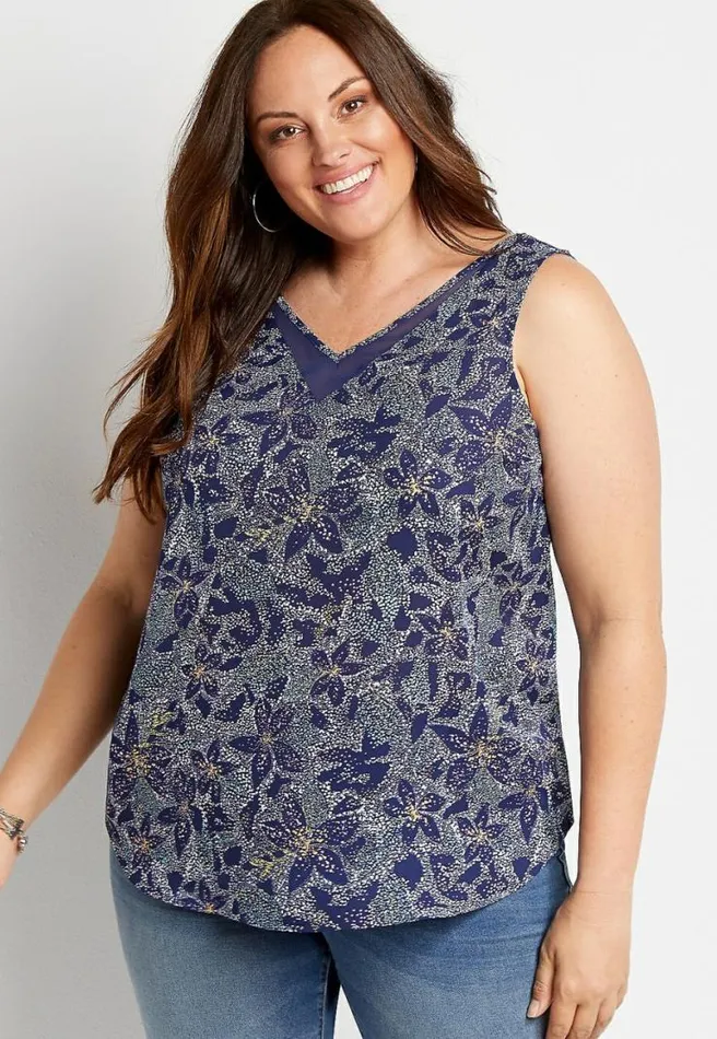 Plus Size Navy Floral Sheer Inset V Neck Tank Top Women Maurices Plus Tops