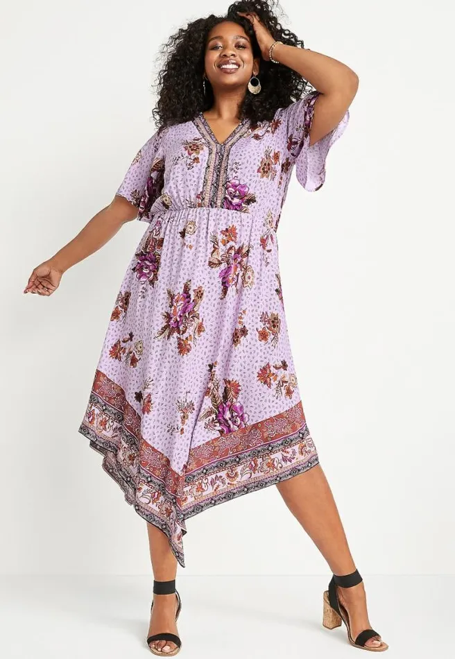 Plus Size Purple Floral Flutter Sleeve Midi Dress Women Maurices Plus Dresses and Jumpsuits