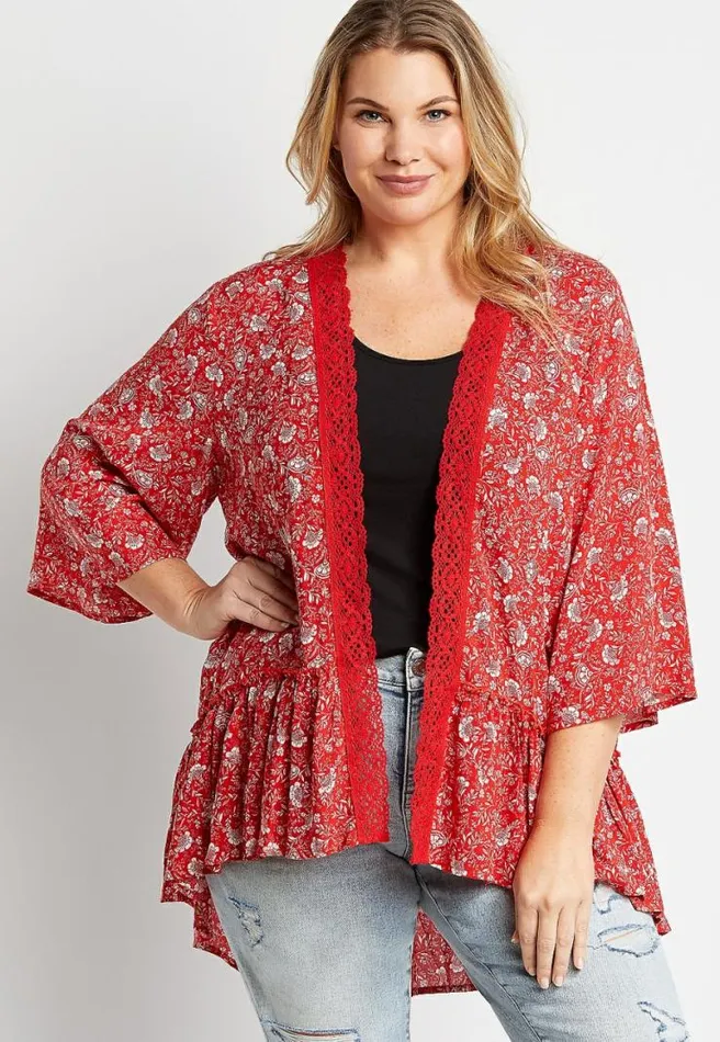 Plus Size Red Floral Crochet Trim Kimono Women Maurices Plus Tops