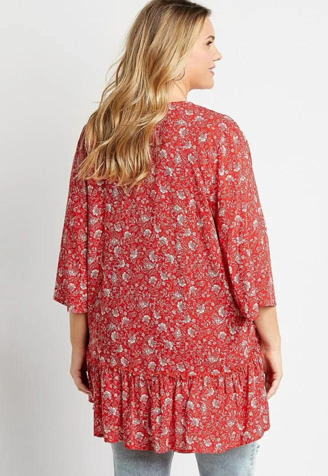 Plus Size Red Floral Crochet Trim Kimono Women Maurices Plus Tops