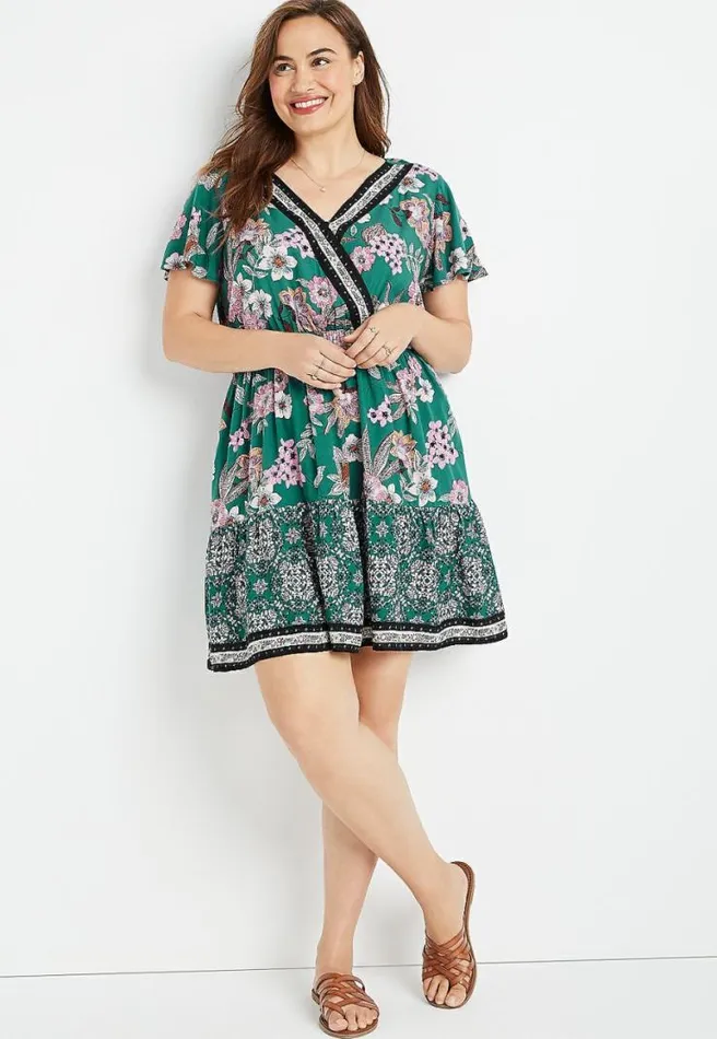 Plus Size Teal Floral V Neck Mini Dress Women Maurices Plus Dresses and Jumpsuits
