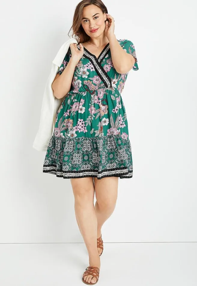 Plus Size Teal Floral V Neck Mini Dress Women Maurices Plus Dresses and Jumpsuits