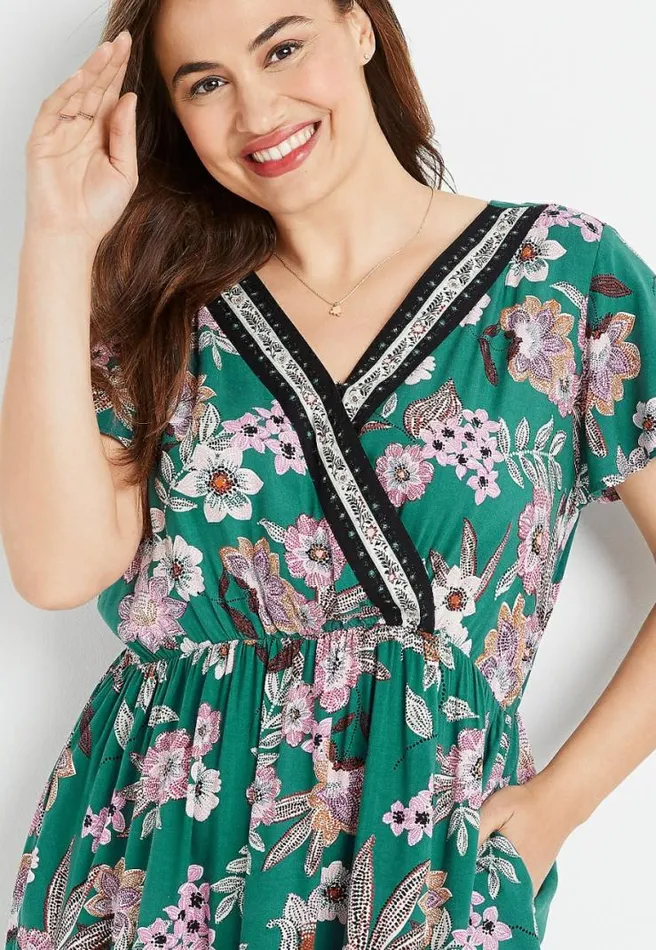 Plus Size Teal Floral V Neck Mini Dress Women Maurices Plus Dresses and Jumpsuits