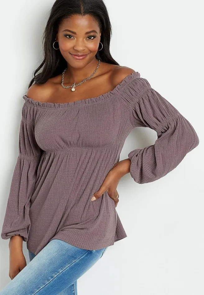 Purple Long Sleeve Smocked Neck Top Women Maurices Tops