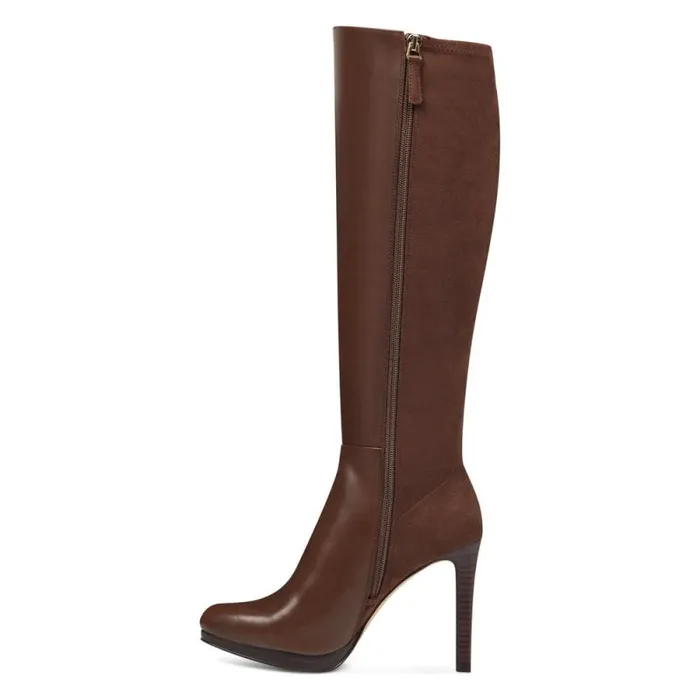 Quizme Wide Calf Platform Boots Brown Leathersuede Women Nine West Boots and Booties Quizme Wide Calf Platform Boots Brown Leathersuede Women Nine West Boots and Booties