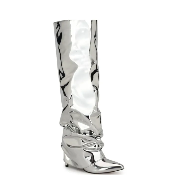 Randee Slouch Knee High Dress Boots Silver Women Nine West Boots and Booties Randee Slouch Knee High Dress Boots Silver Women Nine West Boots and Booties