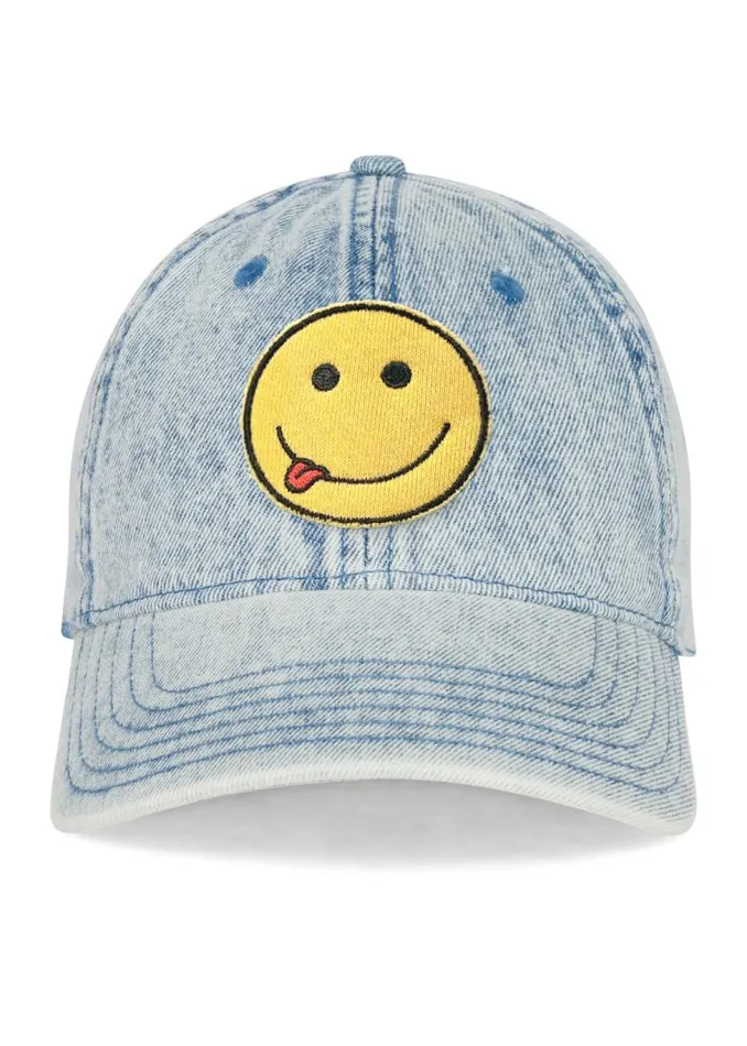Reina Yellow Smiley Patch Washed Denim Women Lauren Moshi Hats