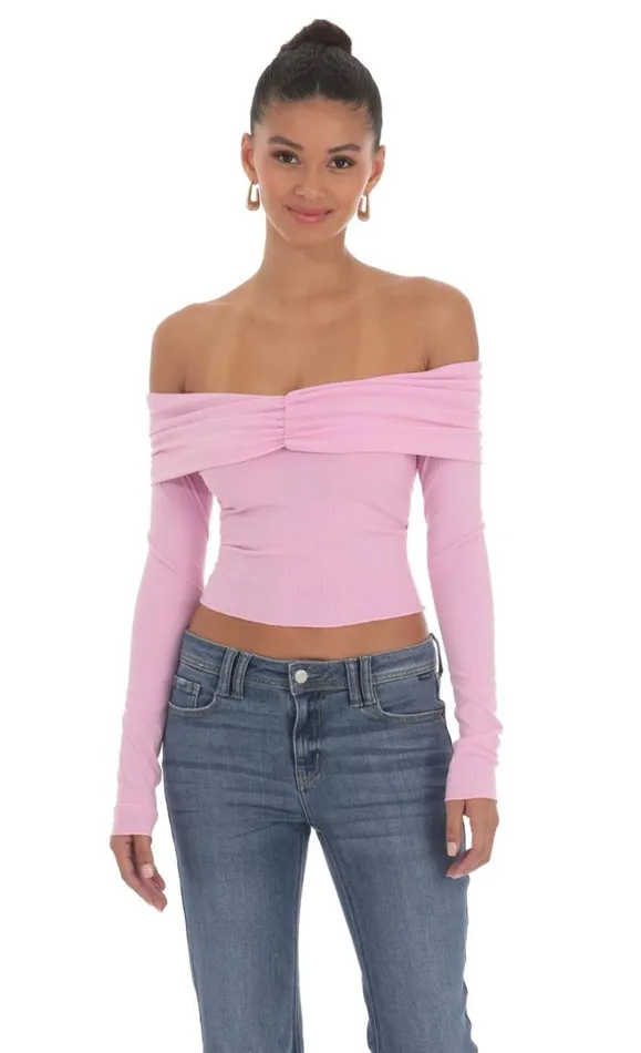 Ribbed Off Shoulder Top Pink Women LUCY IN THE SKY Tops