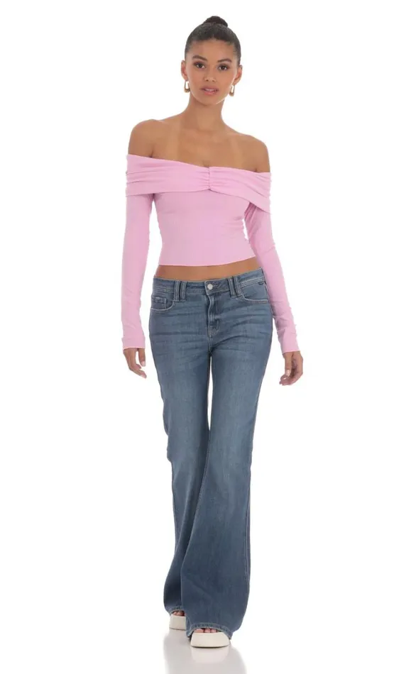 Ribbed Off Shoulder Top Pink Women LUCY IN THE SKY Tops Ribbed Off Shoulder Top Pink Women LUCY IN THE SKY Tops