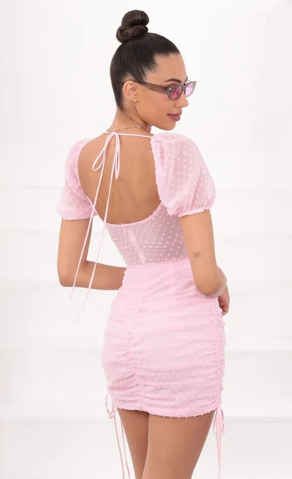 Ruched Cutout And Ties Dress Pink Dotted Chiffon Women LUCY IN THE SKY Mini Dresses Ruched Cutout And Ties Dress Pink Dotted Chiffon Women LUCY IN THE SKY Mini Dresses