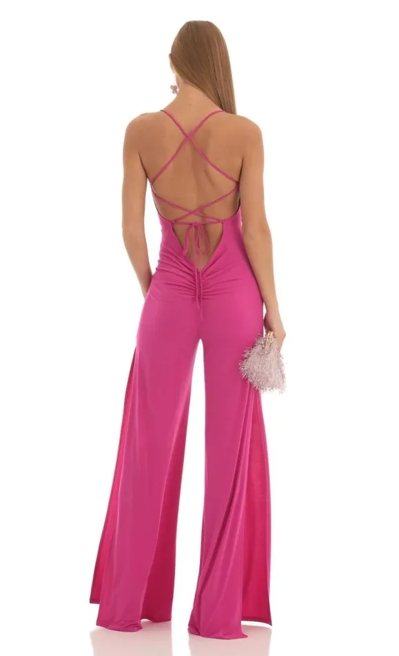 Ruched Sweetheart Bust Slit Jumpsuit Fuchsia Women LUCY IN THE SKY Jumpsuits Ruched Sweetheart Bust Slit Jumpsuit Fuchsia Women LUCY IN THE SKY Jumpsuits
