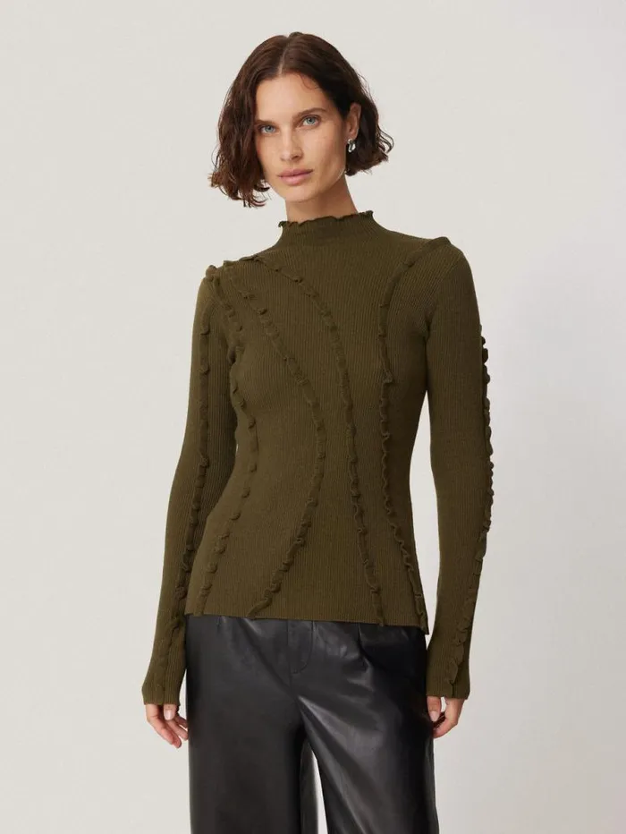 Ruffle Detail Jumper Khaki Women Jigsaw Knitwear and Cashmere