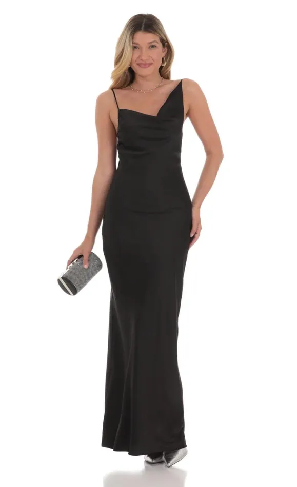 Satin Asymmetrical Cowl Neck Maxi Dress Black Women LUCY IN THE SKY Maxi Dresses