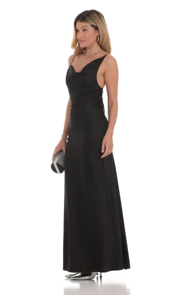 Satin Asymmetrical Cowl Neck Maxi Dress Black Women LUCY IN THE SKY Maxi Dresses Satin Asymmetrical Cowl Neck Maxi Dress Black Women LUCY IN THE SKY Maxi Dresses