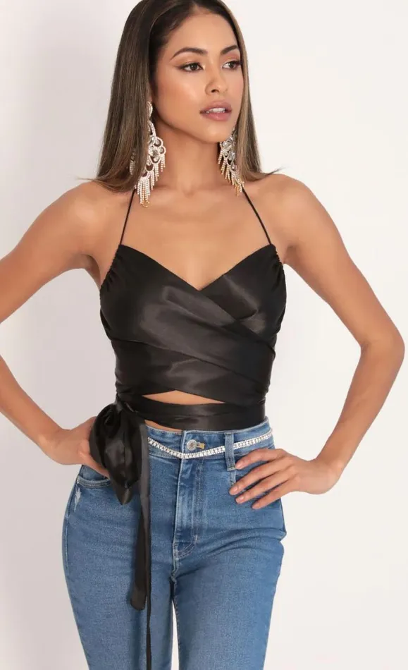 Satin Bow Tie Top Black Women LUCY IN THE SKY Tops Satin Bow Tie Top Black Women LUCY IN THE SKY Tops