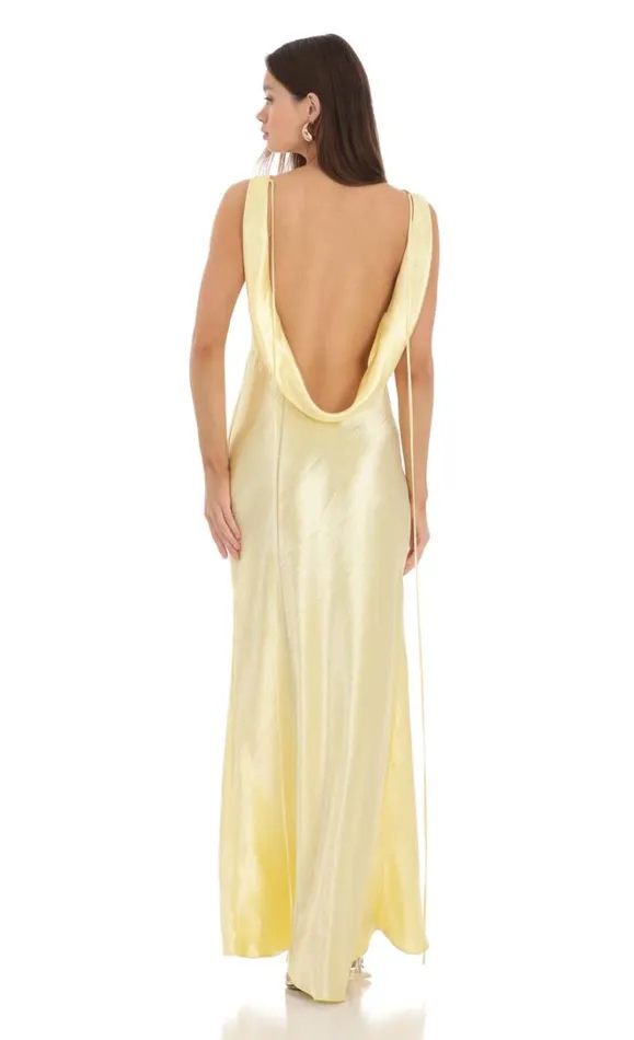 Satin Cowl Neck Maxi Dress Yellow Women LUCY IN THE SKY Maxi Dresses