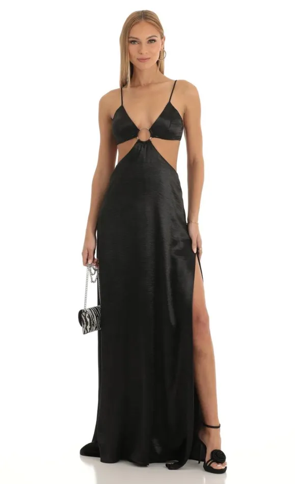 Satin Cutout Maxi Dress Black Women LUCY IN THE SKY Maxi Dresses