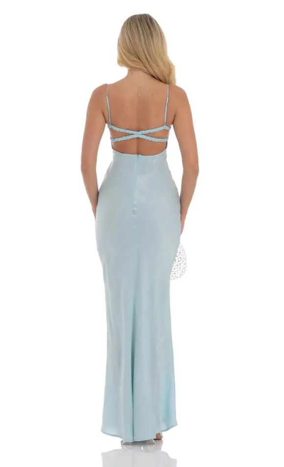 Satin Open Back Maxi Dress Light Blue Women LUCY IN THE SKY Maxi Dresses