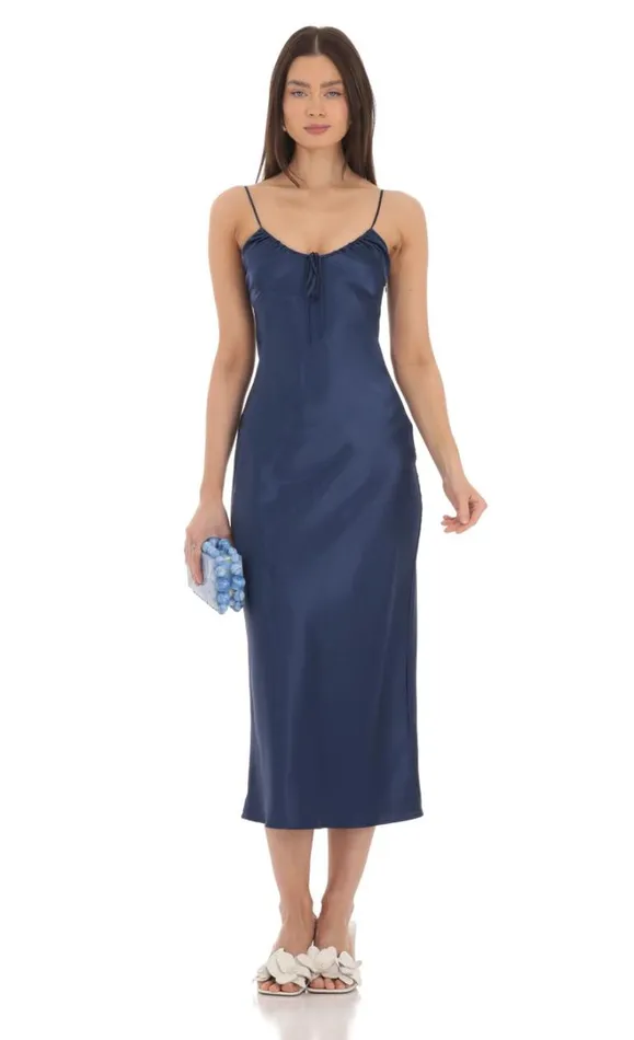 Satin Open Back Midi Dress Navy Women LUCY IN THE SKY Midi Dresses