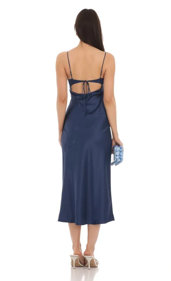 Satin Open Back Midi Dress Navy Women LUCY IN THE SKY Midi Dresses Satin Open Back Midi Dress Navy Women LUCY IN THE SKY Midi Dresses